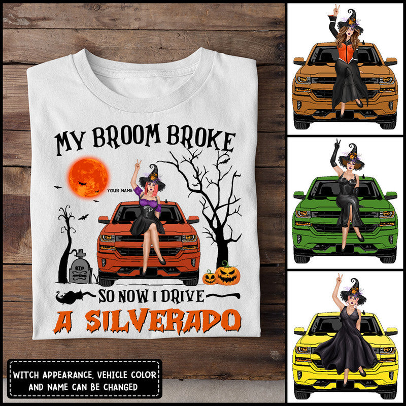 Custom Jeep Tee Shirts My Broom Broke So Now I Drive A Silverado Halloween Vibes CTM Youth Custom - Printyourwear