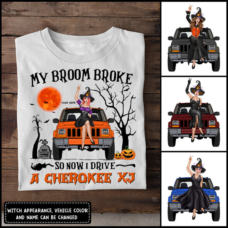 Custom Jeep Tee Shirts My Broom Broke So Now I Drive A XJ Halloween Vibes CTM Youth Custom - Printyourwear