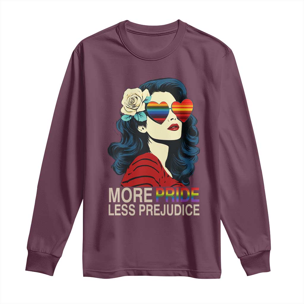 More Pride Less Prejudice Long Sleeve Shirt Retro Pride Month LGBTQ Feminist TS02 Maroon Print Your Wear