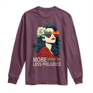 More Pride Less Prejudice Long Sleeve Shirt Retro Pride Month LGBTQ Feminist TS02 Maroon Print Your Wear