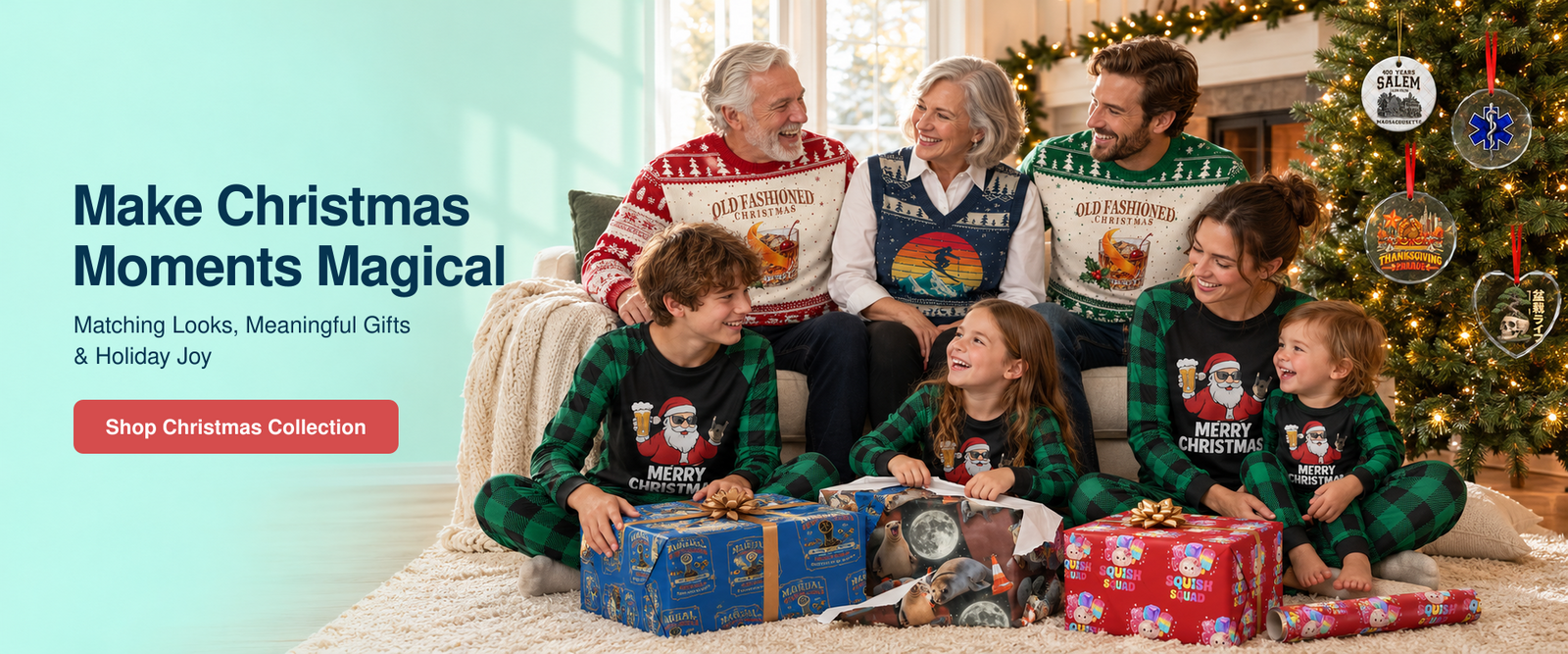 A family of six wearing matching Christmas sweaters and plaid pajamas sits together on a couch and floor in a living room, surrounded by wrapped Christmas presents. A Christmas tree is visible on the right, and promotional text on the left reads 'Make Christmas Moments Magical' with a 'Shop Christmas Collection' button.