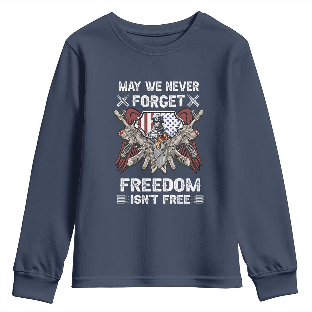Patriotic Memorial Day Youth Sweatshirt May We Never Forget Freedom Is Not Free TS02 Navy Print Your Wear