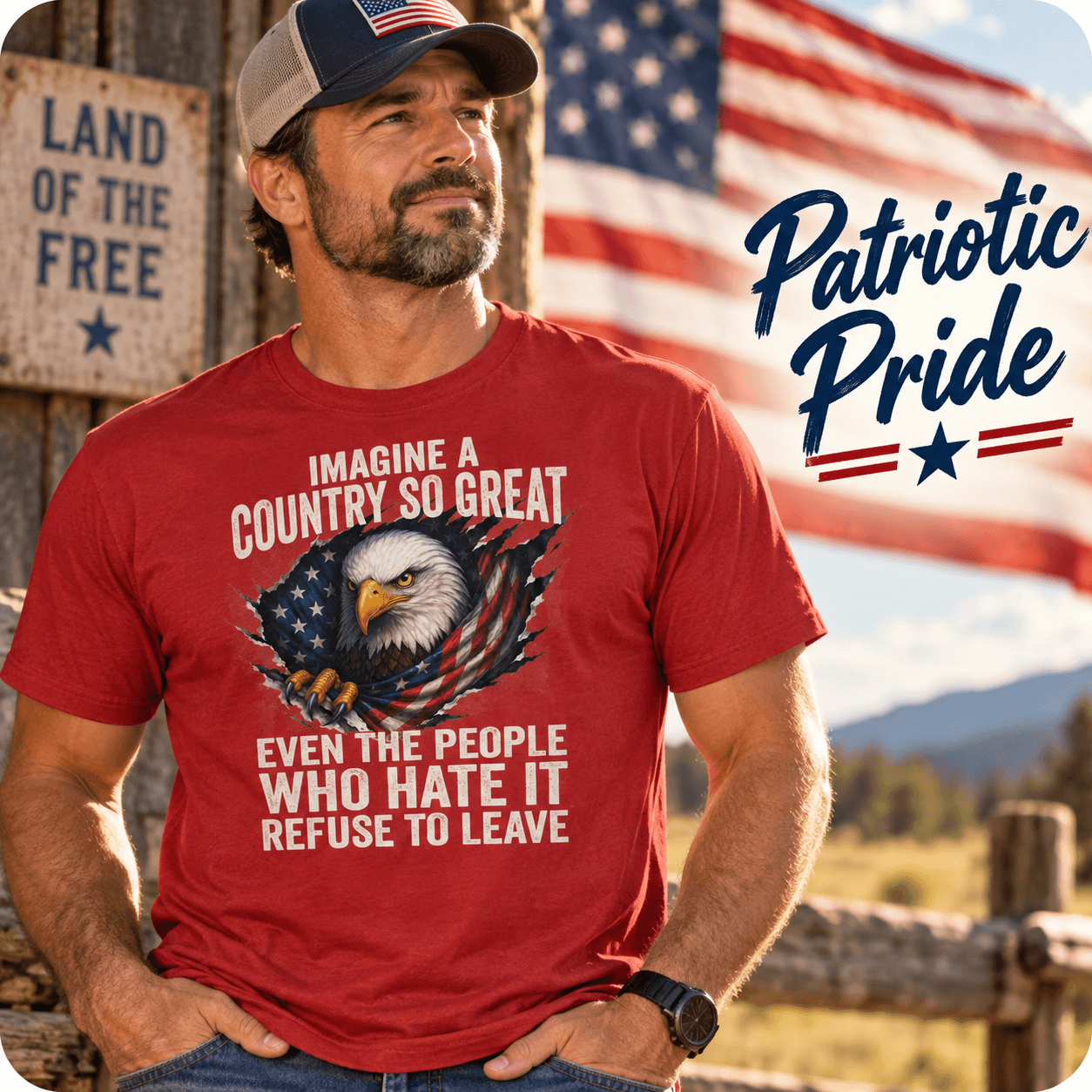 A man wearing a red graphic t-shirt with a patriotic eagle design and text, standing outdoors in front of an American flag and wooden fence. The t-shirt reads: 'IMAGINE A COUNTRY SO GREAT EVEN THE PEOPLE WHO HATE IT REFUSE TO LEAVE'.