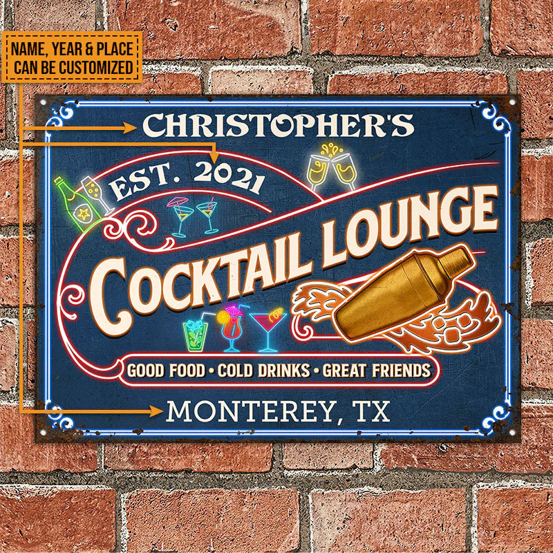 Personalized Metal Sign Cocktail Lounge Great Friends Neon CTM One Size 24x18 inch (60.96x45.72 cm) Custom - Printyourwear
