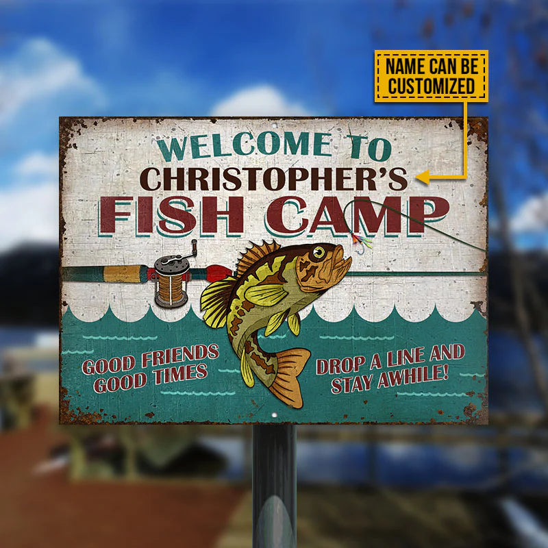 Personalized Metal Sign Fishing Fish Camp Drop A Line Color CTM One Size 24x18 inch (60.96x45.72 cm) Custom - Printyourwear