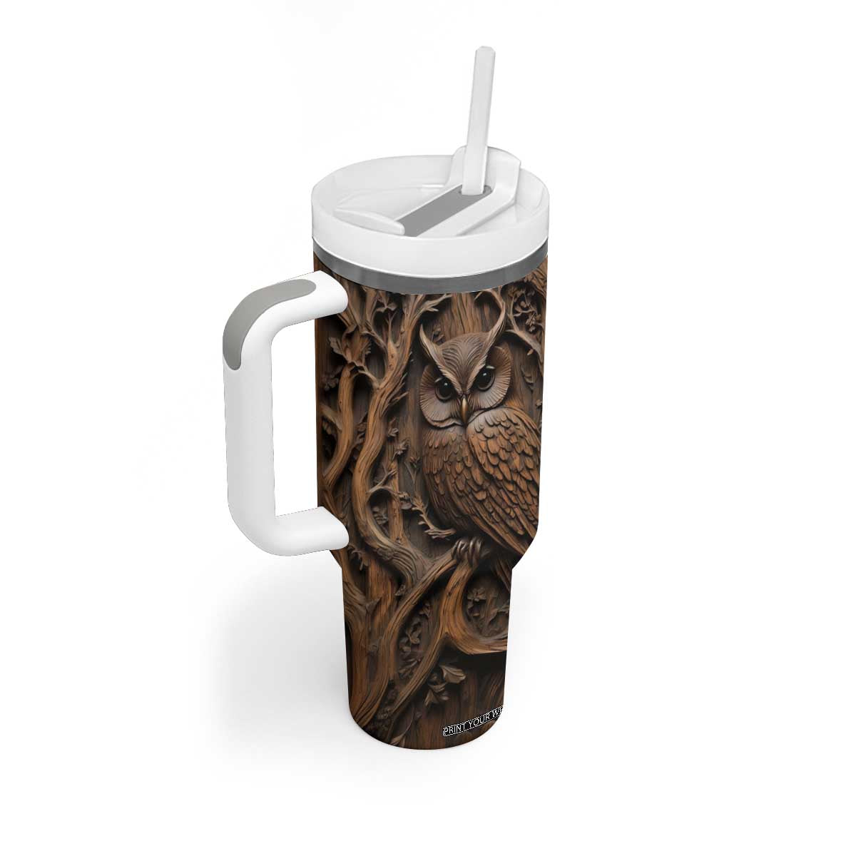 Personalized Owl Tumbler With Handle in Night Forest with Leather Carving Style TS04 Print Your Wear