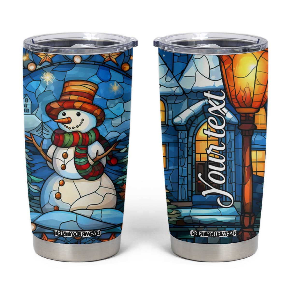 Personalized Snowman Tumbler Cup with Stained Glass Style Design TS04 Multicolor Print Your Wear