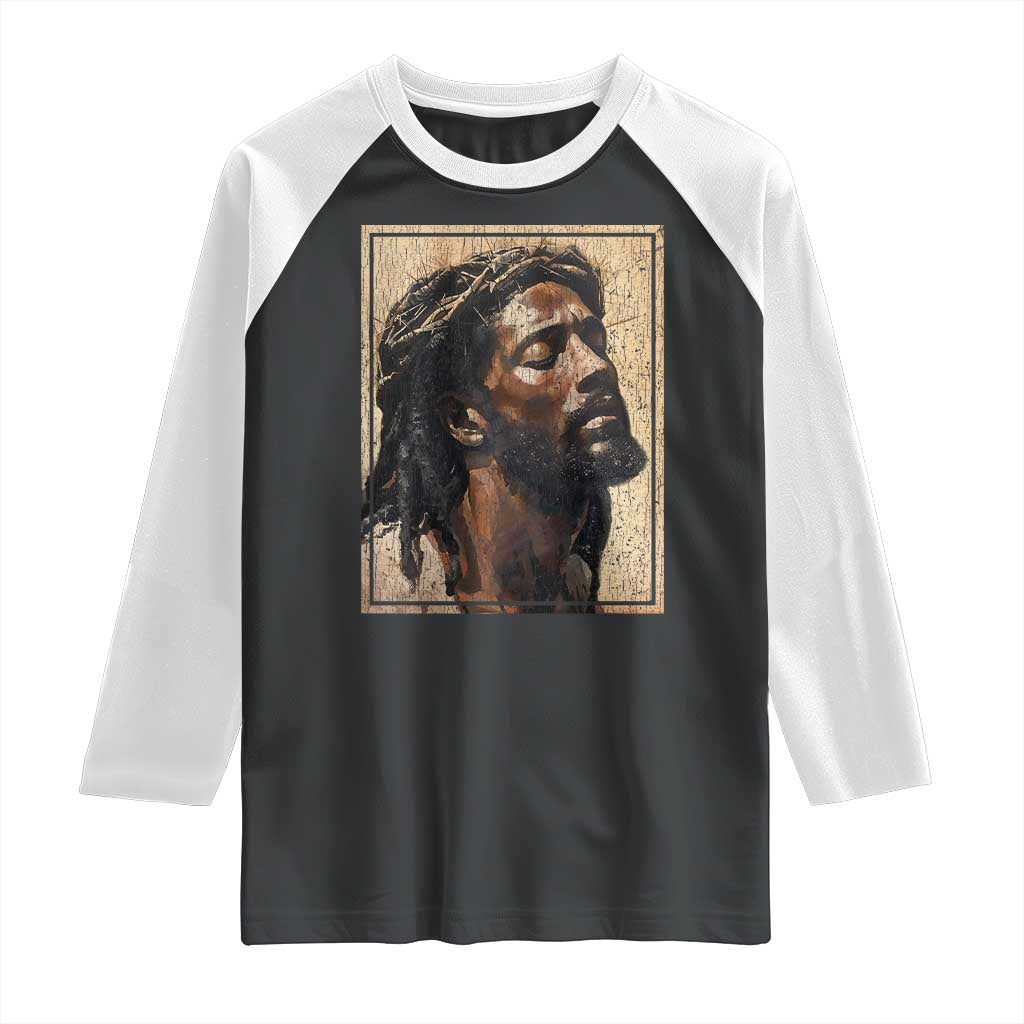 Religious Black Jesus With Crown Of Thorns Raglan Shirt TS11 Black White Print Your Wear