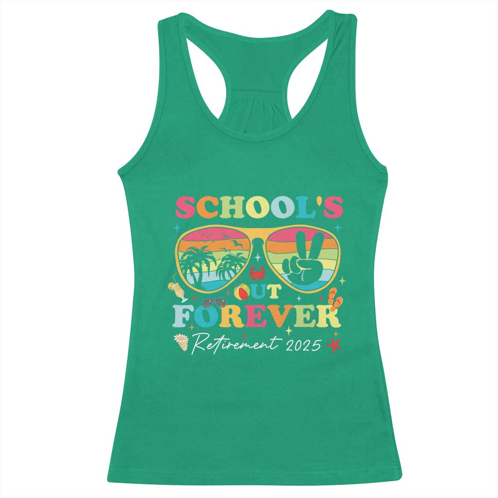 School's Out Forever Retired Teacher 2025 Racerback Tank Top Groovy Retirement TS10 Irish Green Print Your Wear