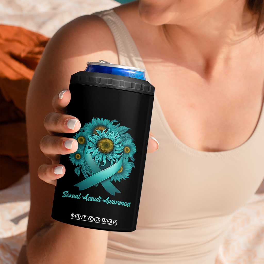 Sexual Assault Awareness 4 in 1 Can Cooler Tumbler Teal Ribbon Sunflowers Support TS02 Print Your Wear