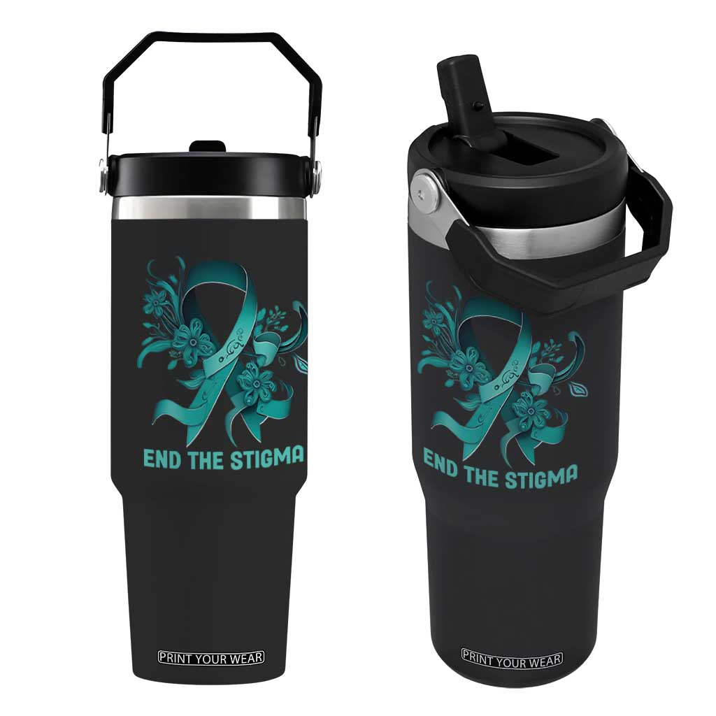 Sexual Assault Awareness Flip Straw Tumbler End The Stigma Teal Floral Ribbon TS02 One Size: 30 oz Black Print Your Wear