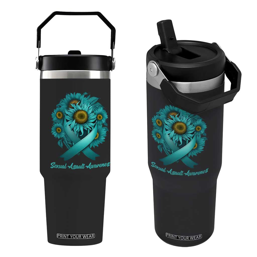 Sexual Assault Awareness Flip Straw Tumbler Teal Ribbon Sunflowers Support TS02 One Size: 30 oz Black Print Your Wear