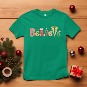 Believe Christmas T Shirt Santa Claus Reindeer Candy Cane Groovy Xmas TS02 Irish Green Printyourwear