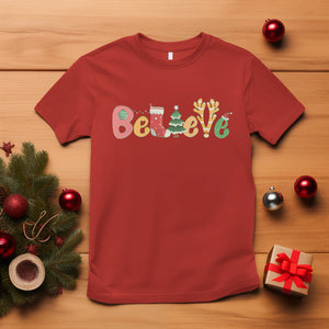 Believe Christmas T Shirt Santa Claus Reindeer Candy Cane Groovy Xmas TS02 Red Printyourwear