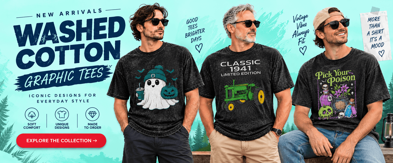 A promotional banner for graphic tees featuring three men wearing black graphic t-shirts. The left man wears a black t-shirt with a white ghost and pumpkin graphic.
