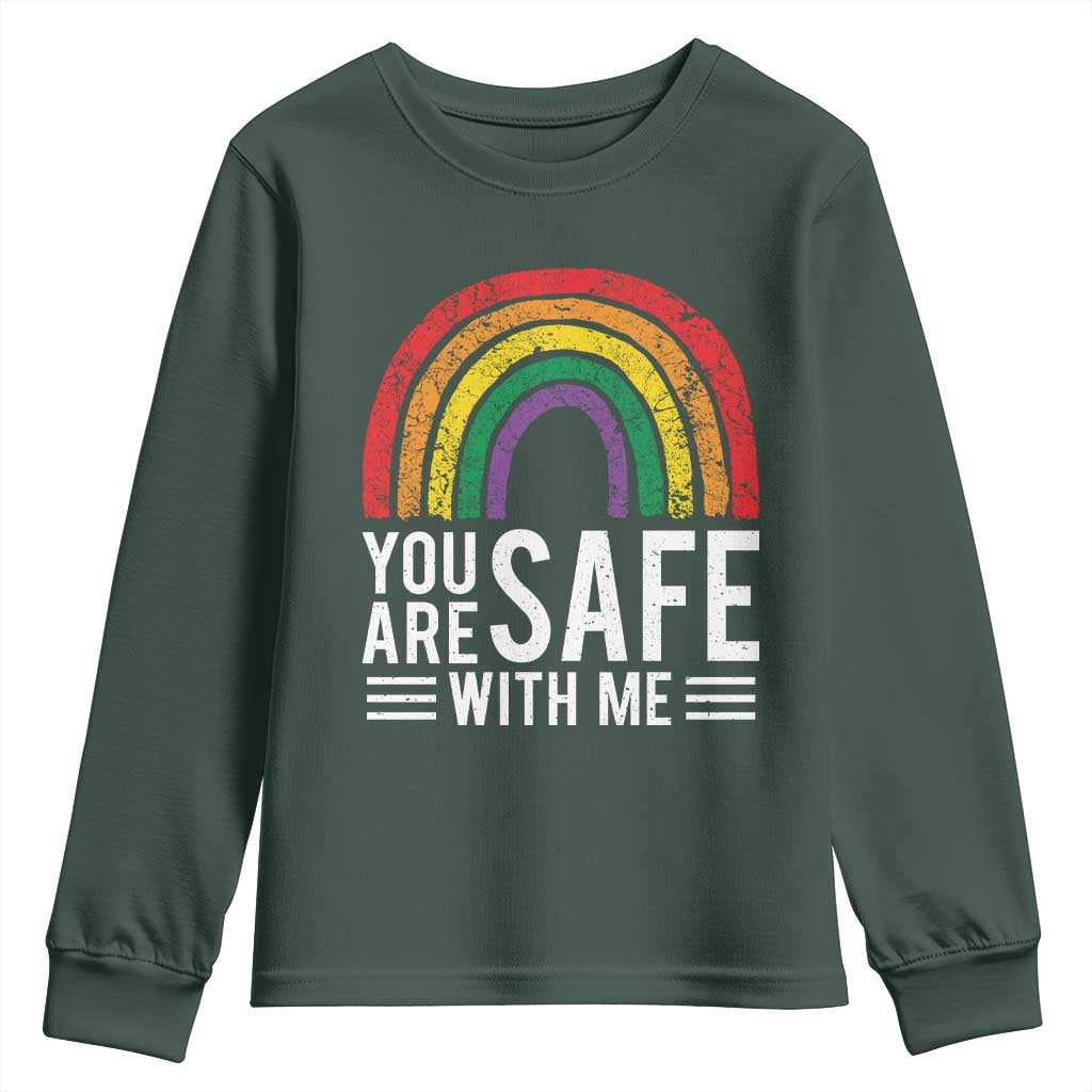 You Are Safe With Me Youth Sweatshirt Retro Rainbow LGBTQ Ally Pride TS10 Dark Forest Green Print Your Wear