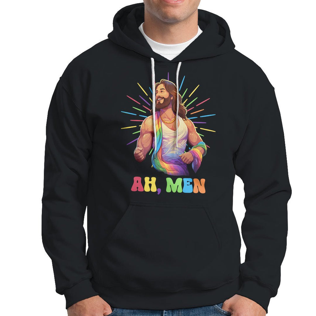 Ah Men Funny LGBT Gay Pride Jesus Rainbow Flag Christian Hoodie TS09 Black Printyourwear