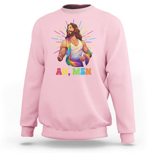 Ah Men Funny LGBT Gay Pride Jesus Rainbow Flag Christian Sweatshirt TS09 Light Pink Printyourwear