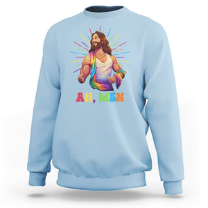 Ah Men Funny LGBT Gay Pride Jesus Rainbow Flag Christian Sweatshirt TS09 Light Blue Printyourwear