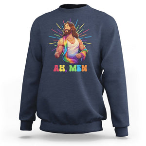 Ah Men Funny LGBT Gay Pride Jesus Rainbow Flag Christian Sweatshirt TS09 Navy Printyourwear