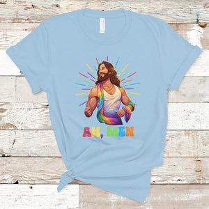 Ah Men Funny LGBT Gay Pride Jesus Rainbow Flag Christian T Shirt TS09 Light Blue Printyourwear