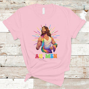 Ah Men Funny LGBT Gay Pride Jesus Rainbow Flag Christian T Shirt TS09 Light Pink Printyourwear