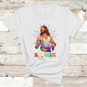 Ah Men Funny LGBT Gay Pride Jesus Rainbow Flag Christian T Shirt TS09 White Printyourwear