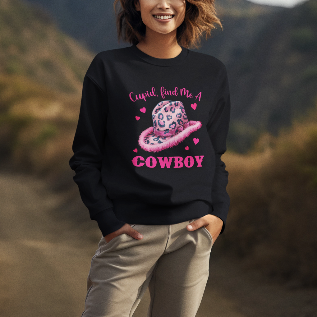 Valentine's Day Sweatshirt Cupid Find Me A Cowboy Western Heart Leopard Hat TS09 Printyourwear