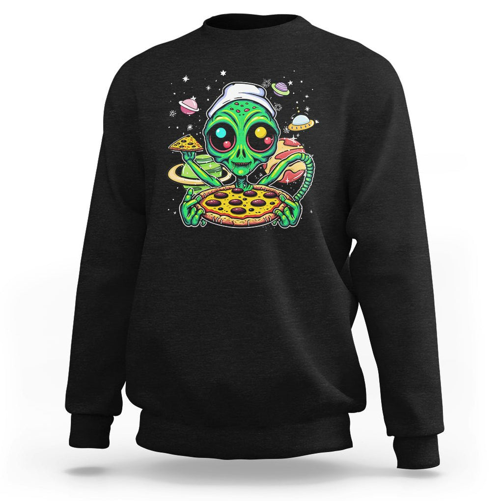 Alien Eating Pizza Outer Space With Planet UFO Sweatshirt TS09 Black Printyourwear