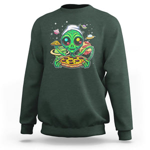 Alien Eating Pizza Outer Space With Planet UFO Sweatshirt TS09 Dark Forest Green Printyourwear