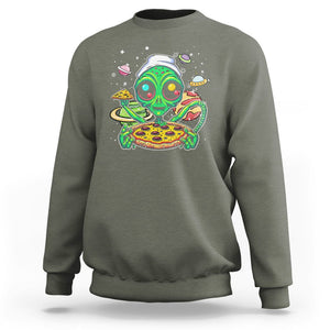 Alien Eating Pizza Outer Space With Planet UFO Sweatshirt TS09 Military Green Printyourwear