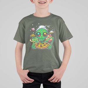 Alien Eating Pizza Outer Space With Planet UFO T Shirt For Kid TS09 Military Green Printyourwear