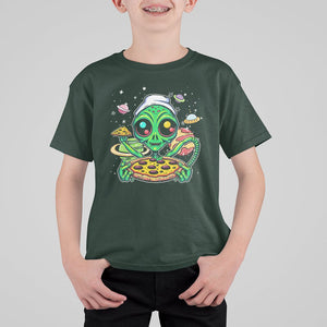 Alien Eating Pizza Outer Space With Planet UFO T Shirt For Kid TS09 Dark Forest Green Printyourwear