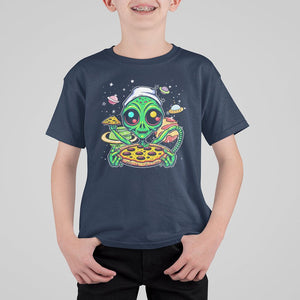 Alien Eating Pizza Outer Space With Planet UFO T Shirt For Kid TS09 Navy Printyourwear