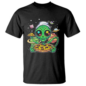 Alien Eating Pizza Outer Space With Planet UFO T Shirt TS09 Black Printyourwear