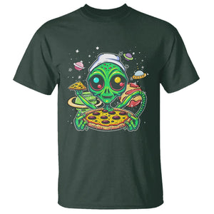 Alien Eating Pizza Outer Space With Planet UFO T Shirt TS09 Dark Forest Green Printyourwear