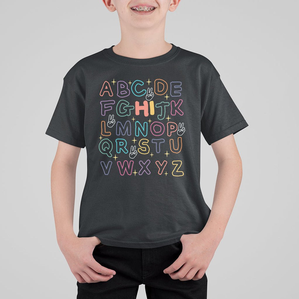 1st Day Of School Alphabet T Shirt For Kid Hi V Sign Abcd Pre K Kindergarten TS02 Black Printyourwear