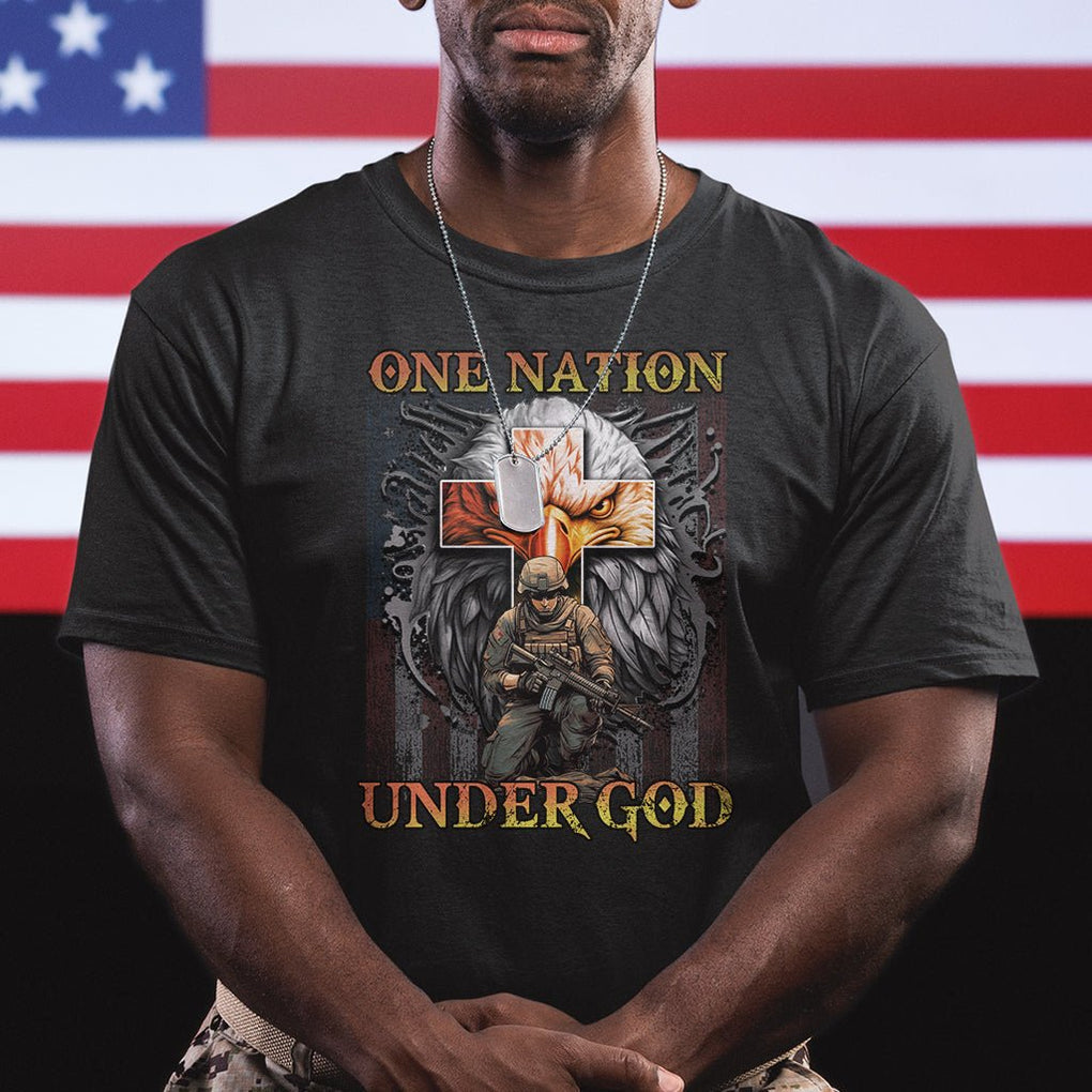 American Patriotic T Shirt One Nation Under God Christian Cross Bald Eagle TS02 Dark Heather Printyourwear