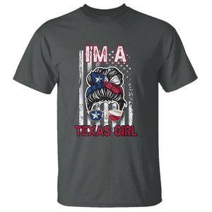 American Texan T Shirt I'm A Texas Girl Messy Bun US Flag Texas Flag TS02 Dark Heather Printyourwear