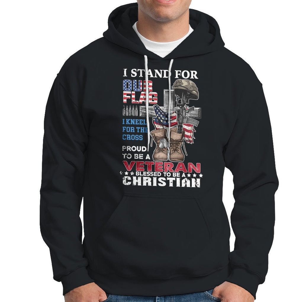 American Veteran Hoodie I Stand For Our Flag I Kneel For The Cross Blessed To Be Christian TS02 Dark Heather Printyourwear