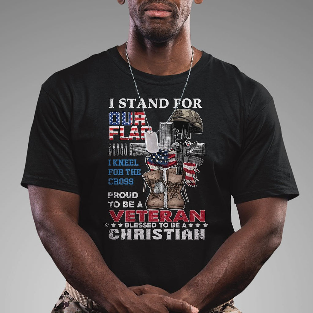 American Veteran T Shirt I Stand For Our Flag I Kneel For The Cross Blessed To Be Christian TS02 Dark Heather Printyourwear