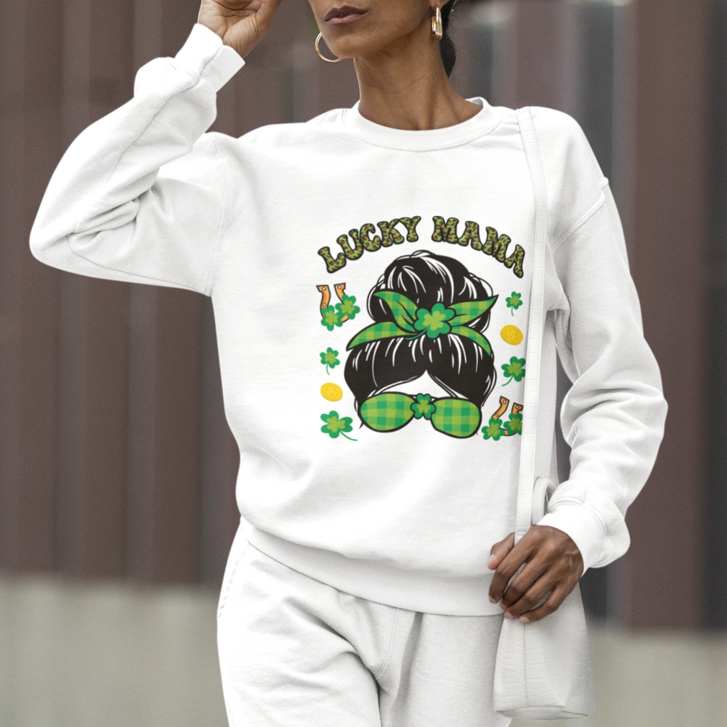 Funny St. Patricks Day Sweatshirt Lucky Mama Messy Bun Mom TS02 Printyourwear