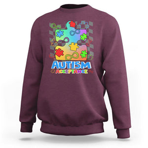 Autism Acceptance Sweatshirt Retro Groovy Puzzle Piece Spectrum Rainbow Infinity Symbol TS02 Maroon Printyourwear