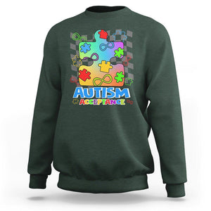 Autism Acceptance Sweatshirt Retro Groovy Puzzle Piece Spectrum Rainbow Infinity Symbol TS02 Dark Forest Green Printyourwear