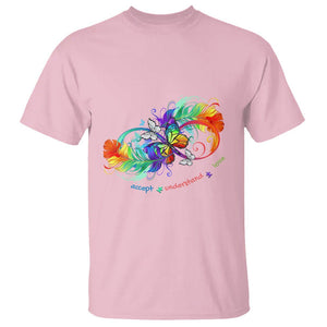 Autism Acceptance T Shirt Accept Understand Love Rainbow Infinity With Butterfly Feathers TS01 Light Pink Printyourwear