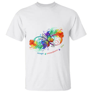 Autism Acceptance T Shirt Accept Understand Love Rainbow Infinity With Butterfly Feathers TS01 White Printyourwear