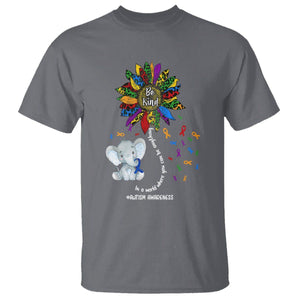 Autism Awareness Elephant T Shirt In A World Where You Can Be Anything Be Kind Colorful Sunflower Ribbon TS02 Charcoal Printyourwear