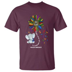 Autism Awareness Elephant T Shirt In A World Where You Can Be Anything Be Kind Colorful Sunflower Ribbon TS02 Maroon Printyourwear