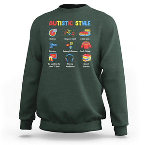 Autism Awareness Sweatshirt Autistic Style Routines Song On Repeat Stim Toys Sensory Differences TS09 Dark Forest Green Printyourwear