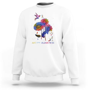 Autism Awareness Sweatshirt Colorful Sunflower With Bird Spectrum Ribbon TS01 White Printyourwear